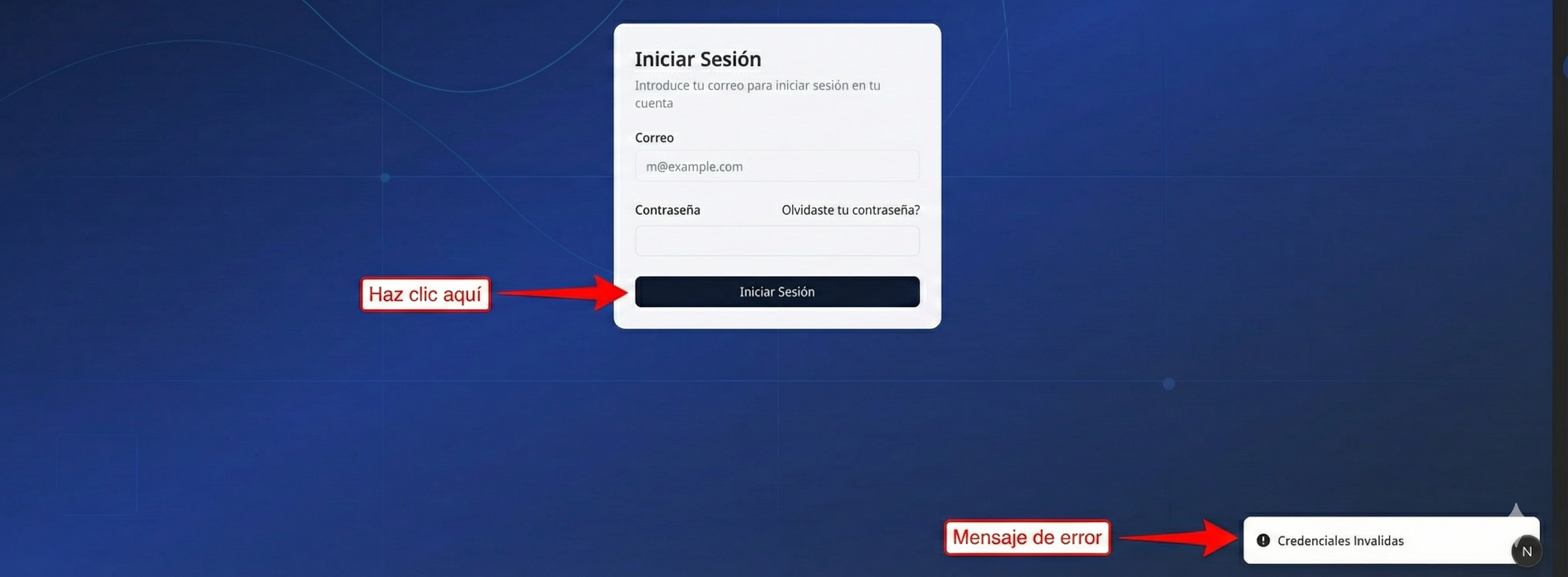 Mensaje de error de credenciales