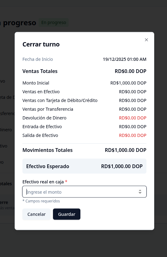 Pantalla de Cierre de Caja