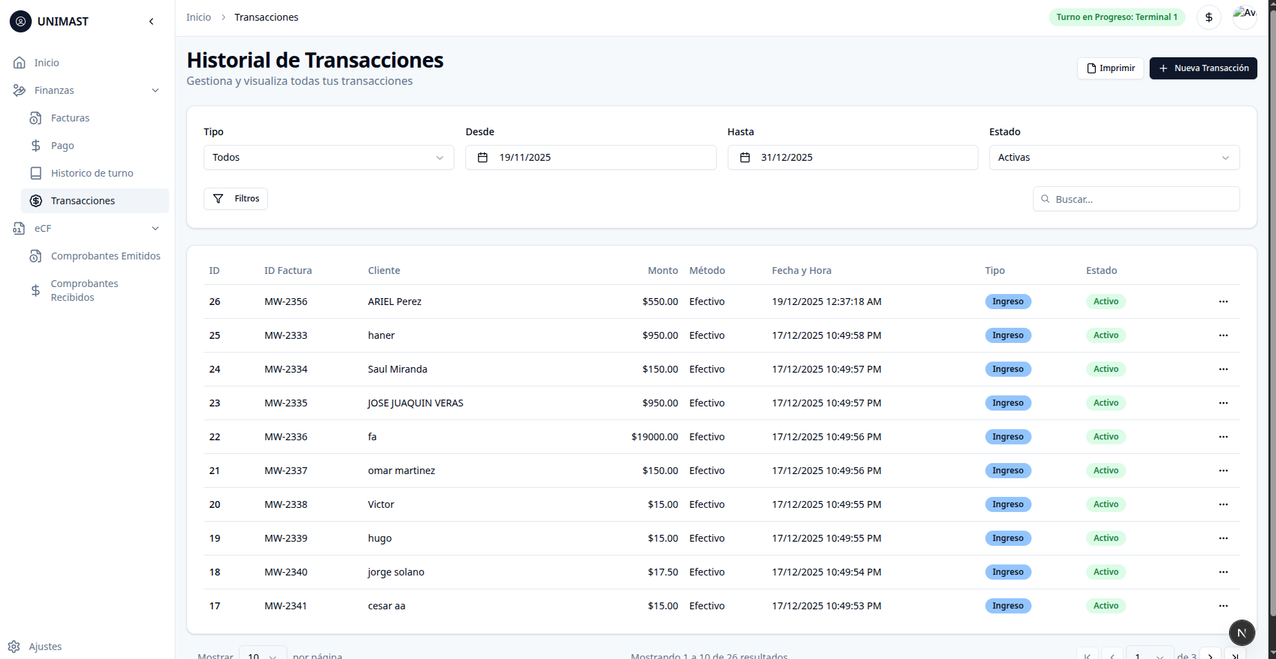 Listado de Transacciones Financieras